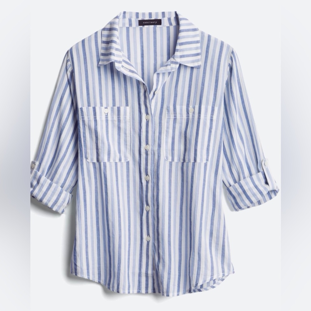 💕*NWT*SANCTUARY BOYFRIEND RELAXED BLUE STRIPED L/S BUTTON DOWN! 🎊